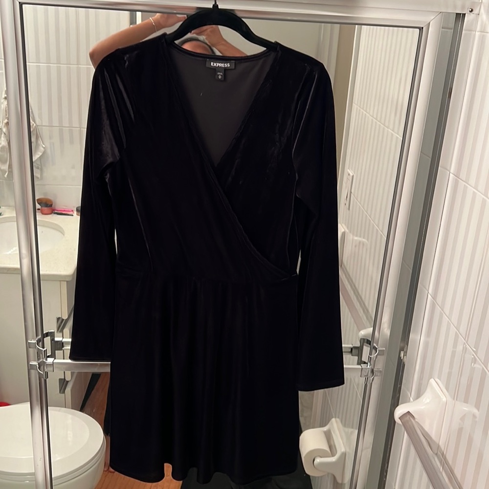 Black velvet dress- Express, deep V neck, fingertip length perfect for winte